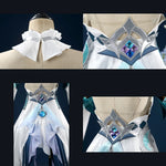 White and teal fantasy cosplay costume detail collage