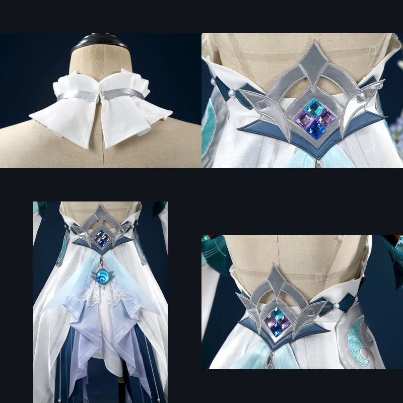 White and teal fantasy cosplay costume detail collage