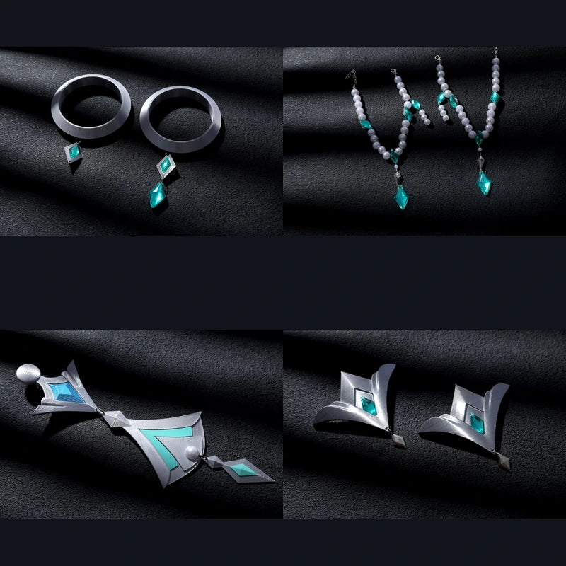 White and teal fantasy cosplay costume accessory collage