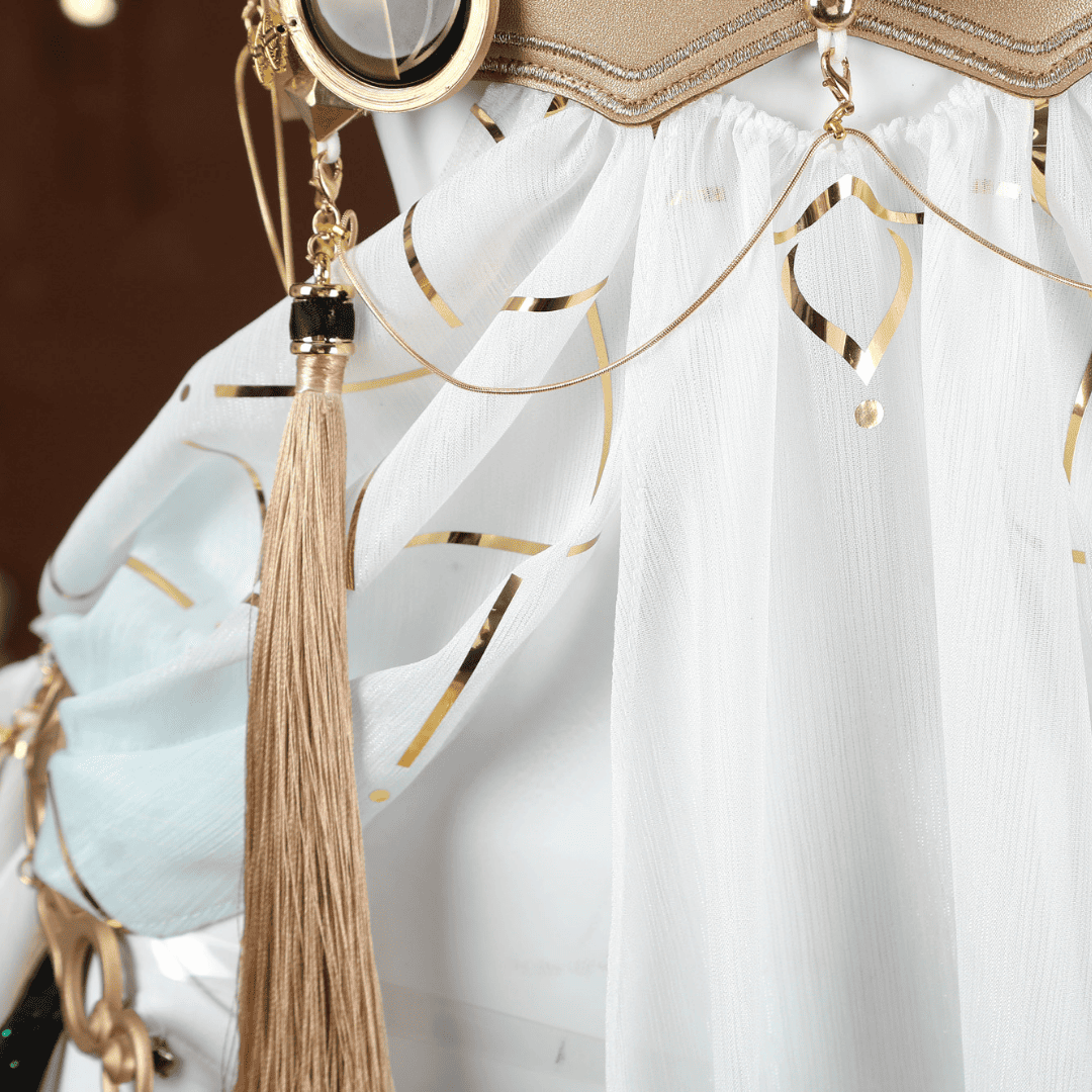 Close-up of a decorative hanging with tassel and geometric design on a white fabric background Rolecosplay Wuthering Waves Iuno Cosplay Costume