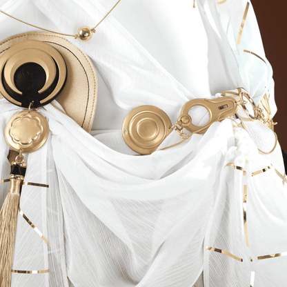 White scarf with gold accents and tassels on a white background Rolecosplay Wuthering Waves Iuno Cosplay Costume