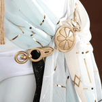 Gold decorative bow on a light blue and white scarf with geometric patterns.  Rolecosplay Wuthering Waves Iuno Cosplay Costume