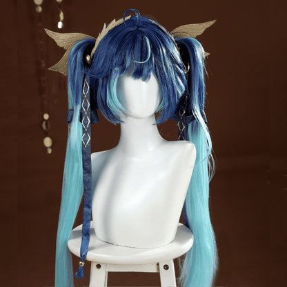 Blue and green wig with decorative headband on a mannequin head against a brown background