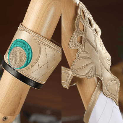 Decorative shoe with intricate design and wooden sole on a blurred Rolecosplay Wuthering Waves Iuno Cosplay Costumebackground