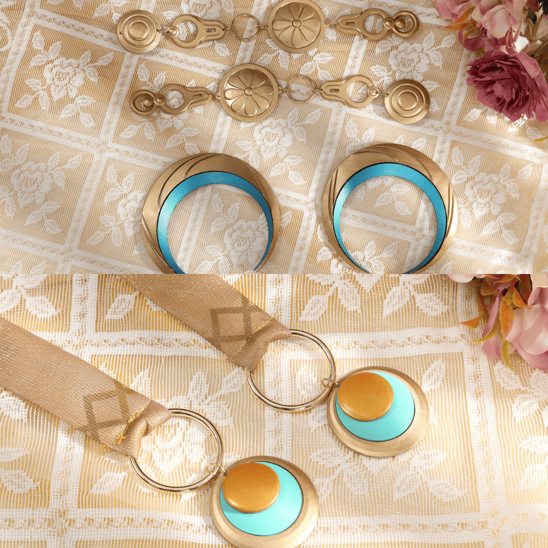 Gold and turquoise jewelry set on a decorative fabric background Rolecosplay Wuthering Waves Iuno Cosplay Costume