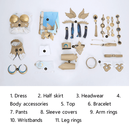 Collection of various accessories including a dress, half skirt, headwear, bracelet, top, arm rings, pants, sleeve covers, wristbands, and leg rings on a white background. Rolecosplay Wuthering Waves Iuno Cosplay Costume
