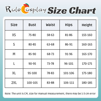 RoleCosplay size chart for clothing with measurements in centimeters.
