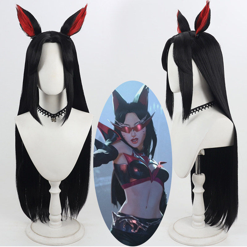Rolecosplay LOL Firestarter K/DA Ahri Black Long Cosplay Wig With Ears