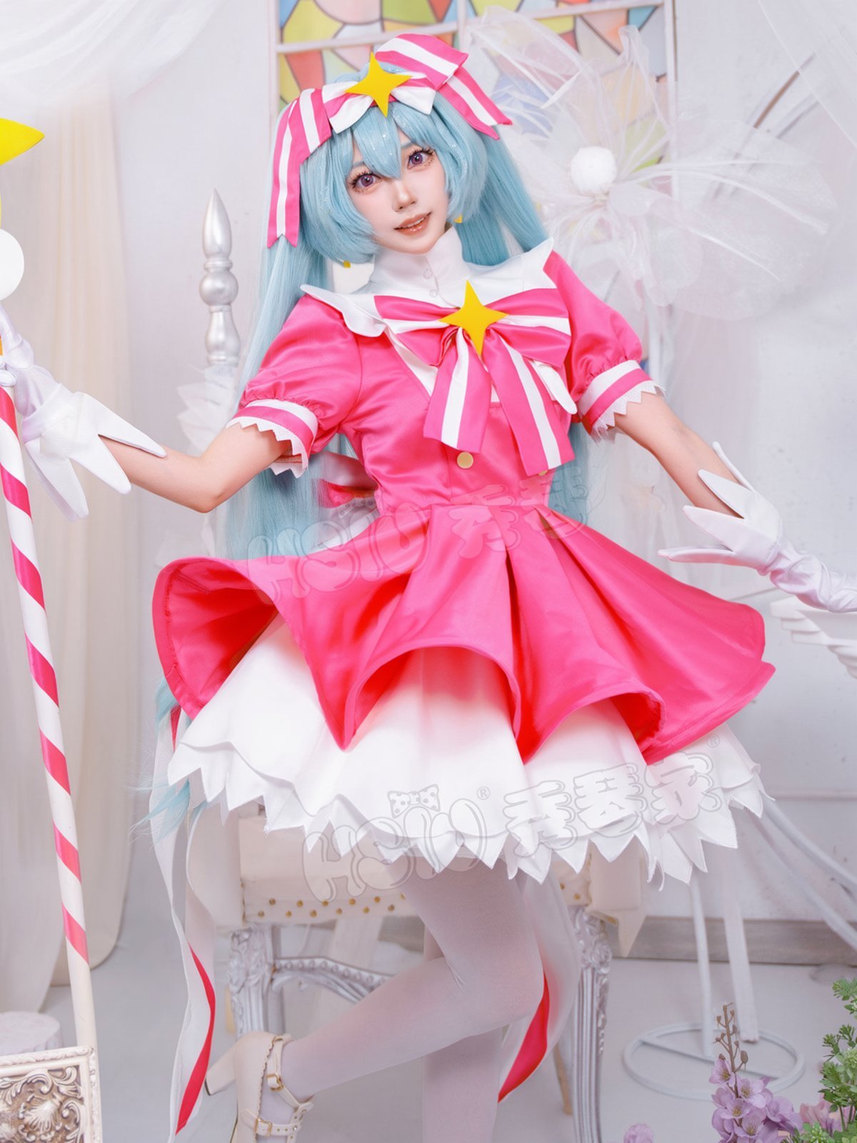 Hatsune Miku Ima Sugu Rinne Cosplay Costume Pink Magical Girl Dress with Oversized Skirt, Wig and Wand Options