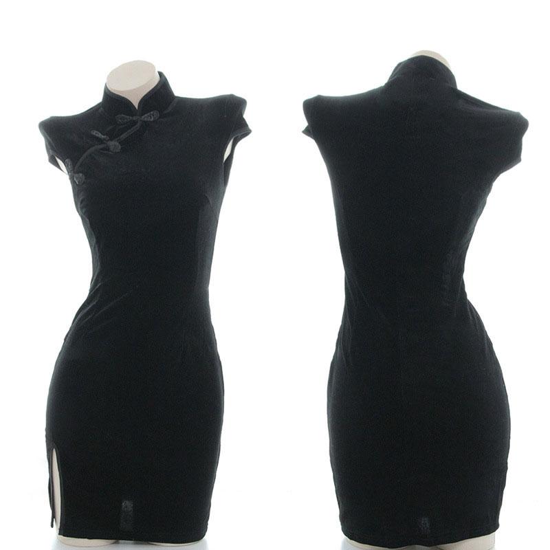 Black Velvet Cheongsam Dress Cosplay Costume 