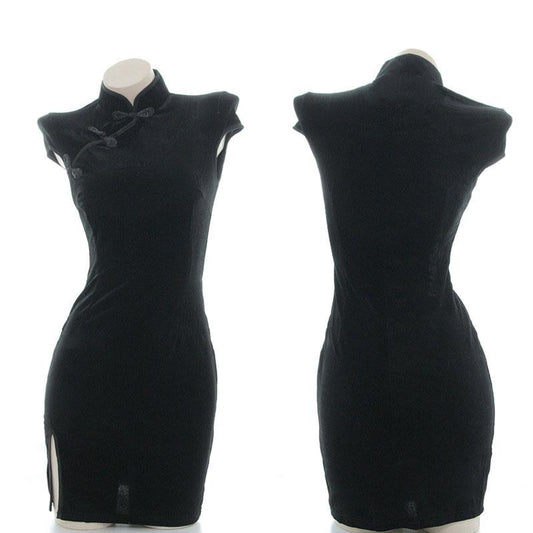 Black Velvet Cheongsam Dress Cosplay Costume 