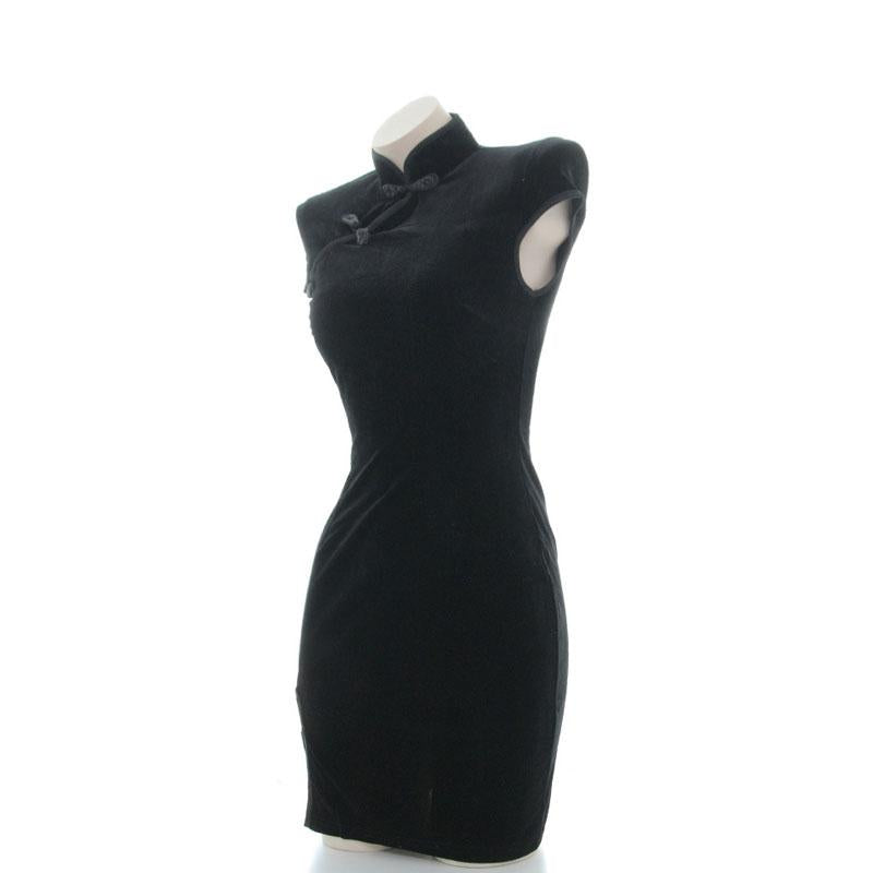 Black Velvet Cheongsam Dress Cosplay Costume 