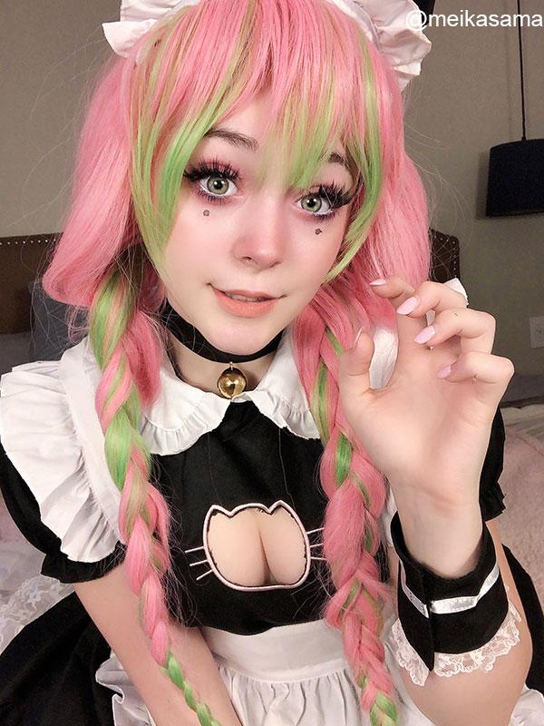 Demon Slayer Kanroji Mitsuri Pink Mixed Green Weave Long Coaplay Wigs