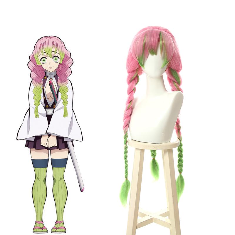 Demon Slayer Kanroji Mitsuri Pink Mixed Green Weave Long Coaplay Wigs