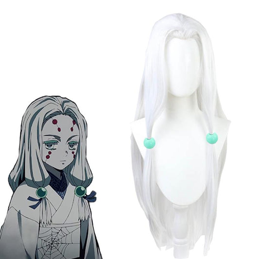 Demon Slayer Rui Spider Sister White Long  Cosplay Wigs Free Headdress 