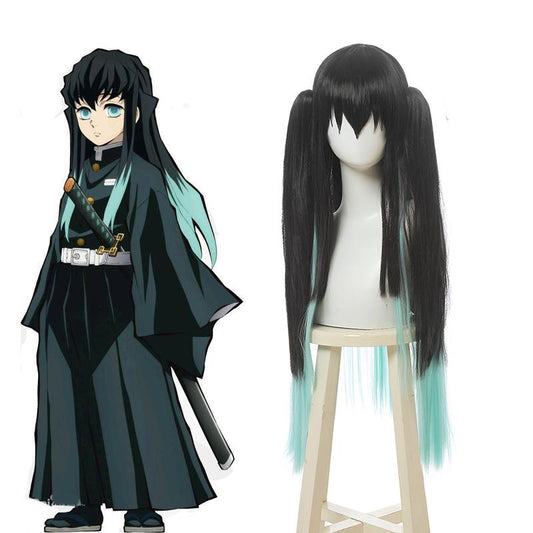 Demon Slayer Tokitou Muichirou Long Straight Green Mixed Black  Cosplay Wigs