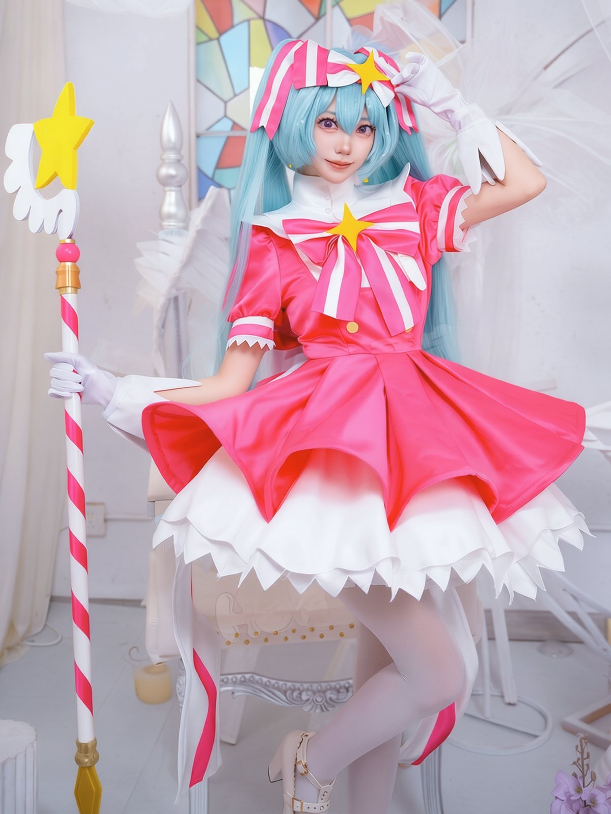 Hatsune Miku Ima Sugu Rinne Cosplay Costume Pink Magical Girl Dress with Oversized Skirt, Wig and Wand Options