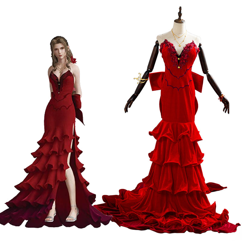 Final Fantasy VII 7 Aerith Red Dress Cosplay Costume
