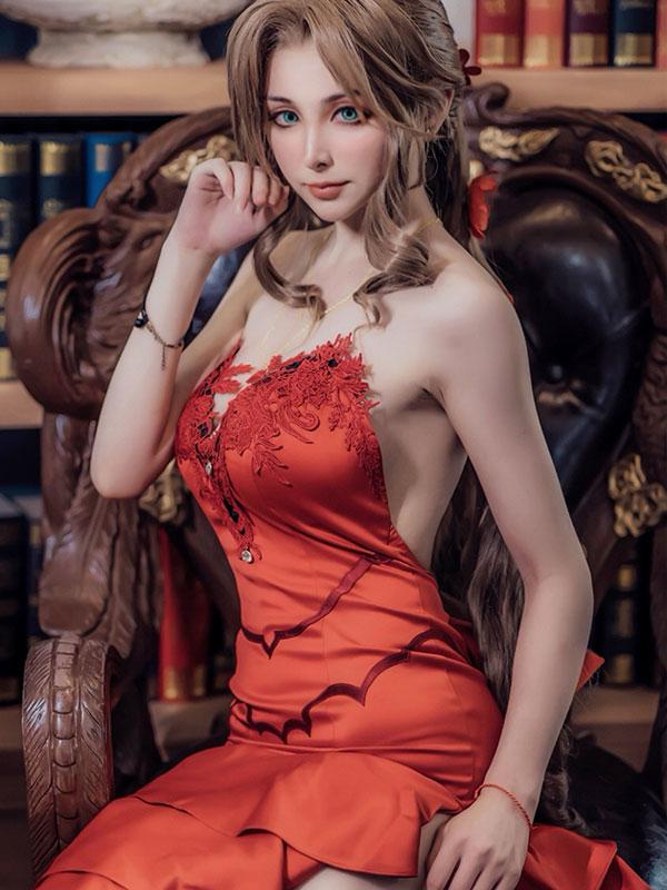 Final Fantasy VII 7 Aerith Red Dress Cosplay Costume