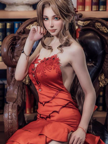 Final Fantasy VII 7 Aerith Red Dress Cosplay Costume