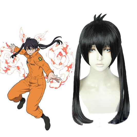 Fire Force Kotatsu Tamaki  Black Long Dual horsetail Cosplay Wigs