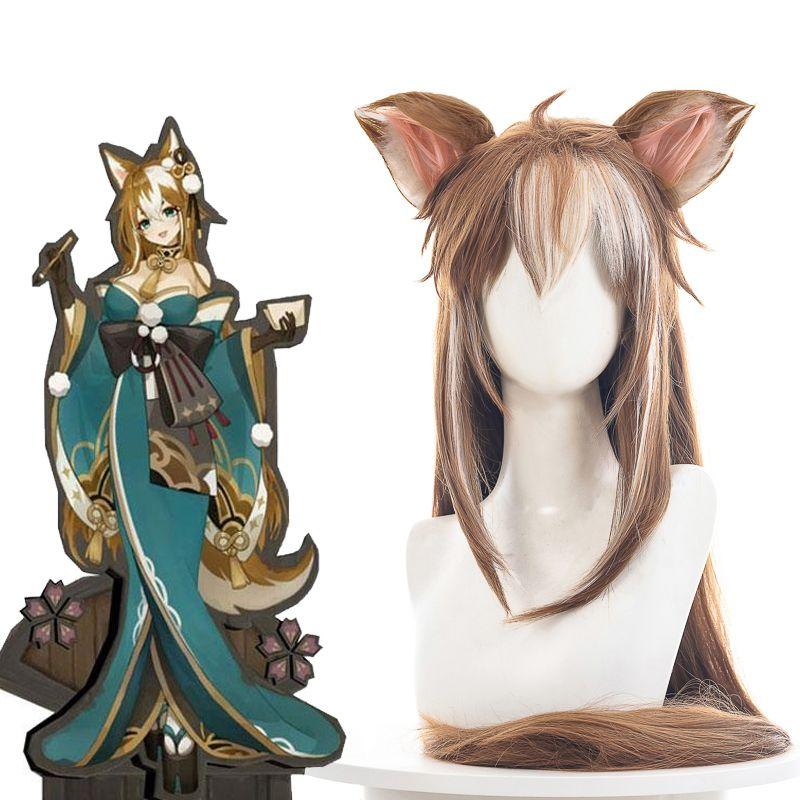 Game Genshin Impact Hina Gorou Brown Mixed Ears Long Cosplay Wigs