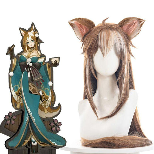 Game Genshin Impact Hina Gorou Brown Mixed Ears Long Cosplay Wigs