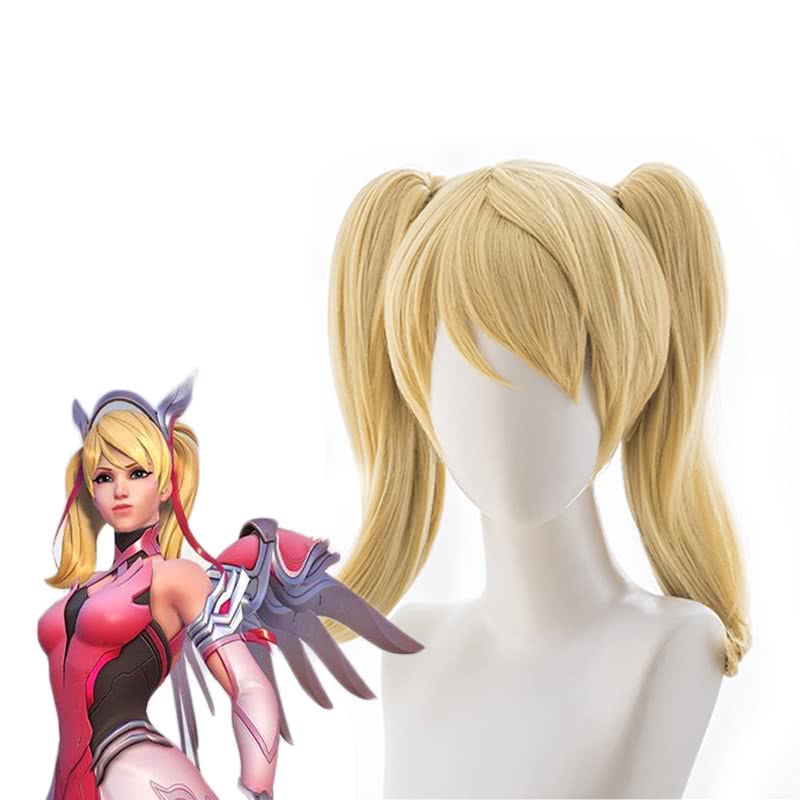Game OW Pink Angel  40cm Long Blonde Ponytail Cosplay Wigs