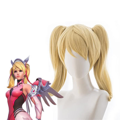 Game OW Pink Angel  40cm Long Blonde Ponytail Cosplay Wigs