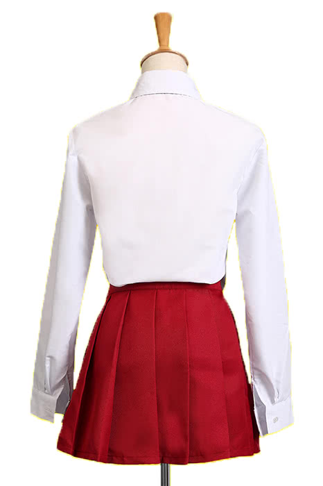White Long-Sleeve Blouse and Red Pleated Skirt Uniform Set