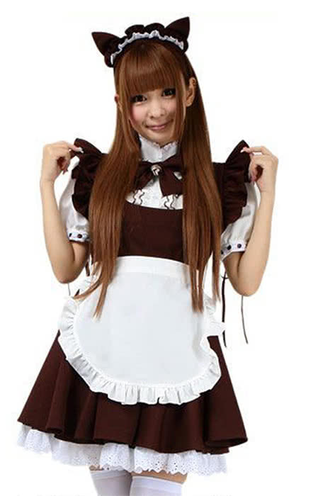 Japanese Cafe Maid Outfits Lolita White Dress and Black Apron Cosplay Costume