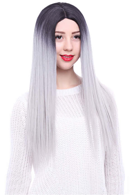 65cm Black Mixed White Long Straight  Invisible Lace Wig