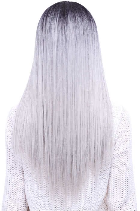 65cm Black Mixed White Long Straight  Invisible Lace Wig