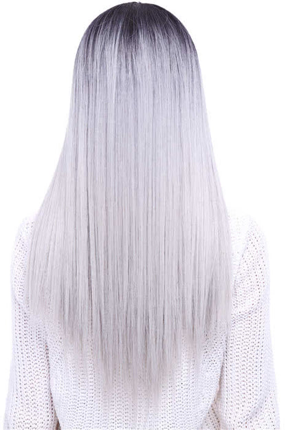 65cm Black Mixed White Long Straight  Invisible Lace Wig