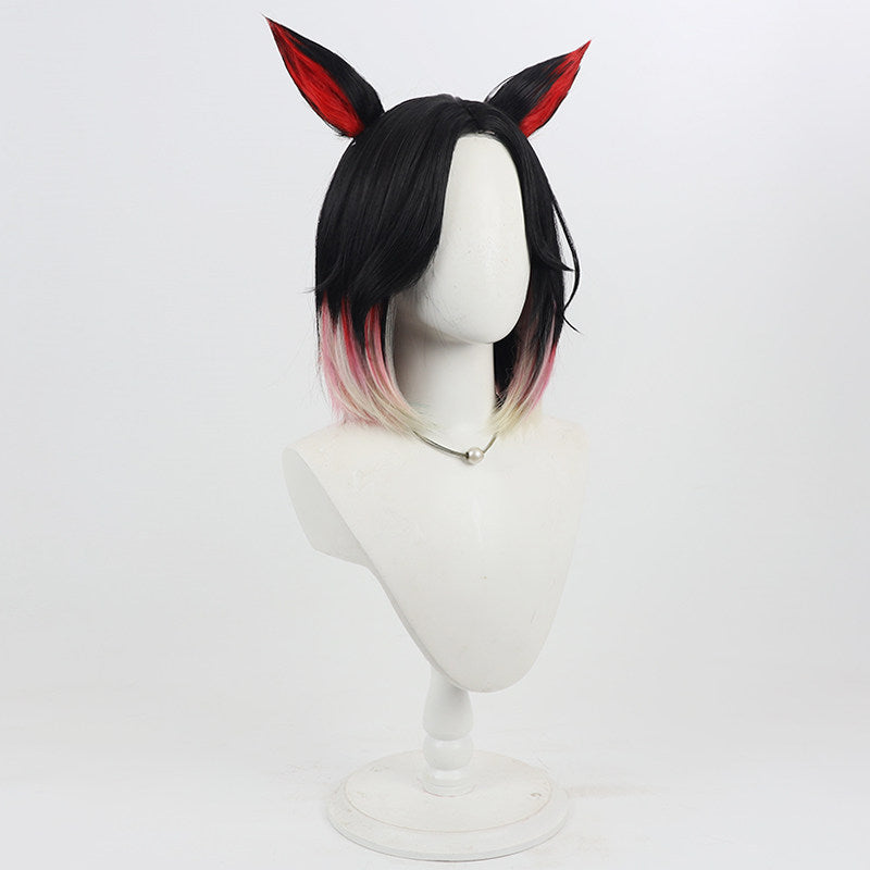 Rolecosplay League of Legends K/DA Ahri black cosplay wig - black bob with red and pale gradient ends and ears - three-quarter view