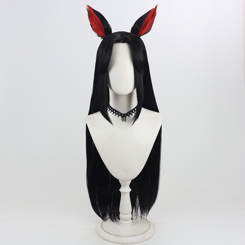 Rolecosplay League of Legends K/DA Ahri black cosplay wig - wig with black and red ears - front view