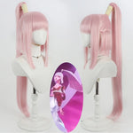Rolecosplay K/DA Akali pink integrated ponytail cosplay wig - front and side overview