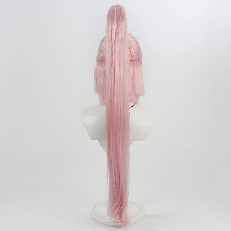 Rolecosplay K/DA Akali pink integrated ponytail cosplay wig - back view of the long ponytail