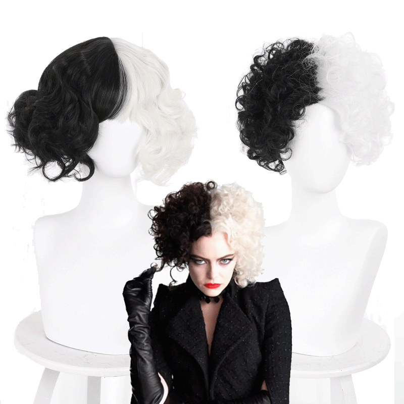 Movie Cruella Cruella de Vil White And Black Wavy Cosplay Wigs