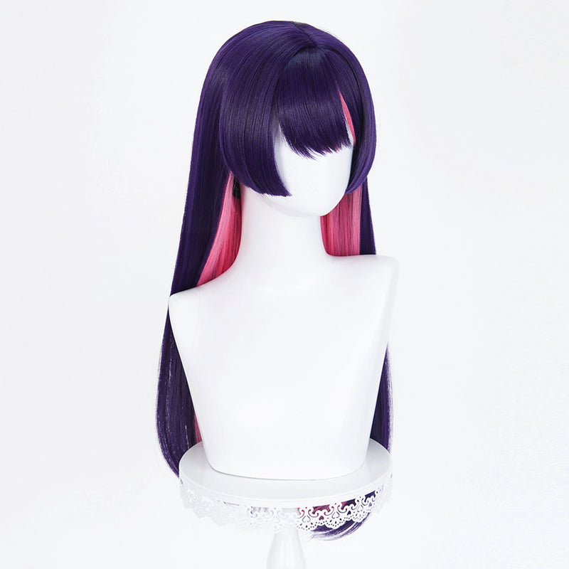 Deep purple cosplay wig with pink highlights and scalp-top construction - product view 2