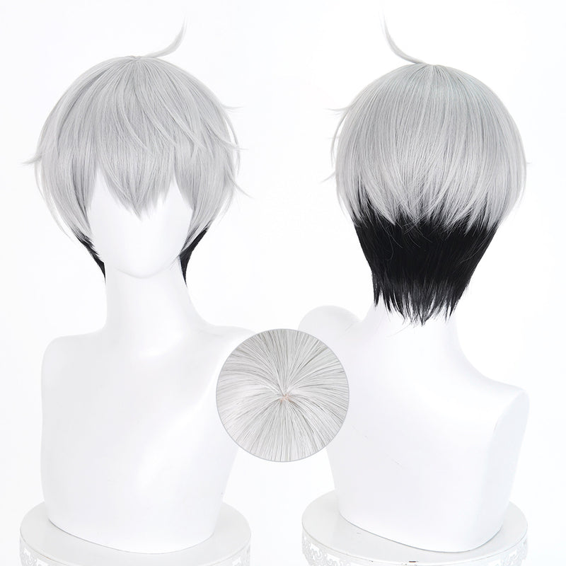 Silver white short scalp-top cosplay wig with dark underlayers - product view 1