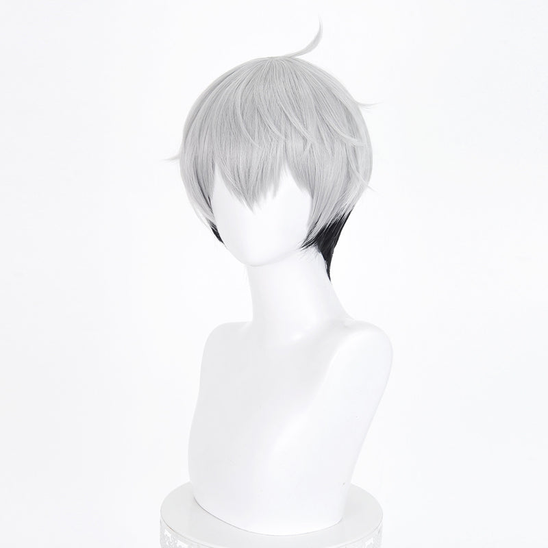 Silver white short scalp-top cosplay wig with dark underlayers - product view 2