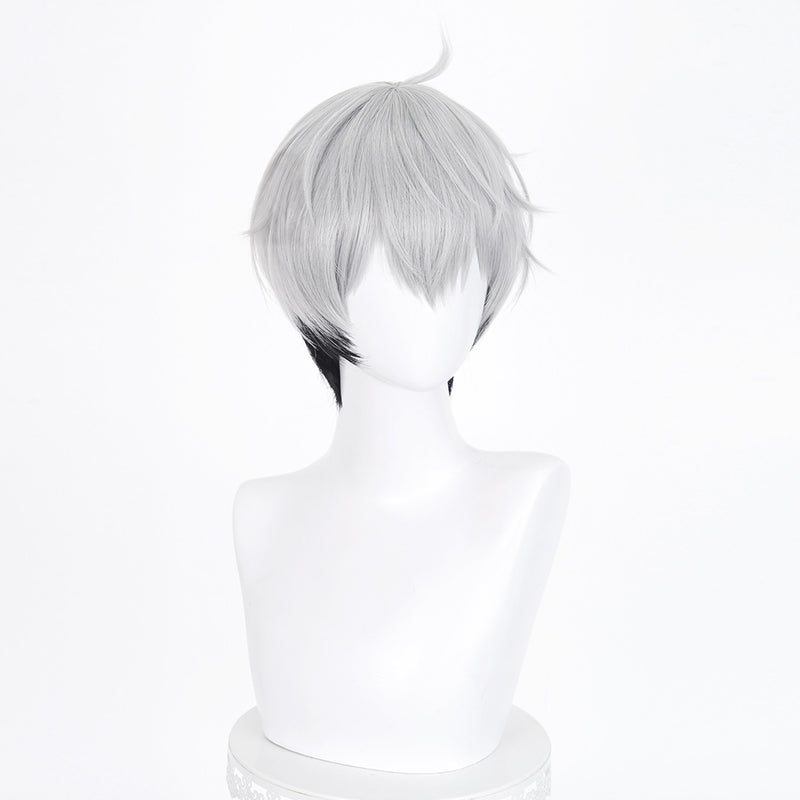 Silver white short scalp-top cosplay wig with dark underlayers - product view 3