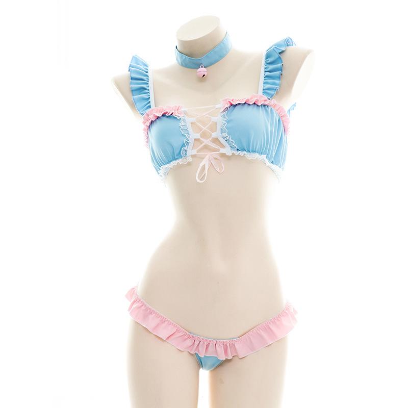 Pink and Blue Split Bikini Maid Pajama Cosplay Costume