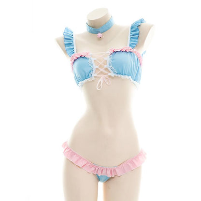 Pink and Blue Split Bikini Maid Pajama Cosplay Costume