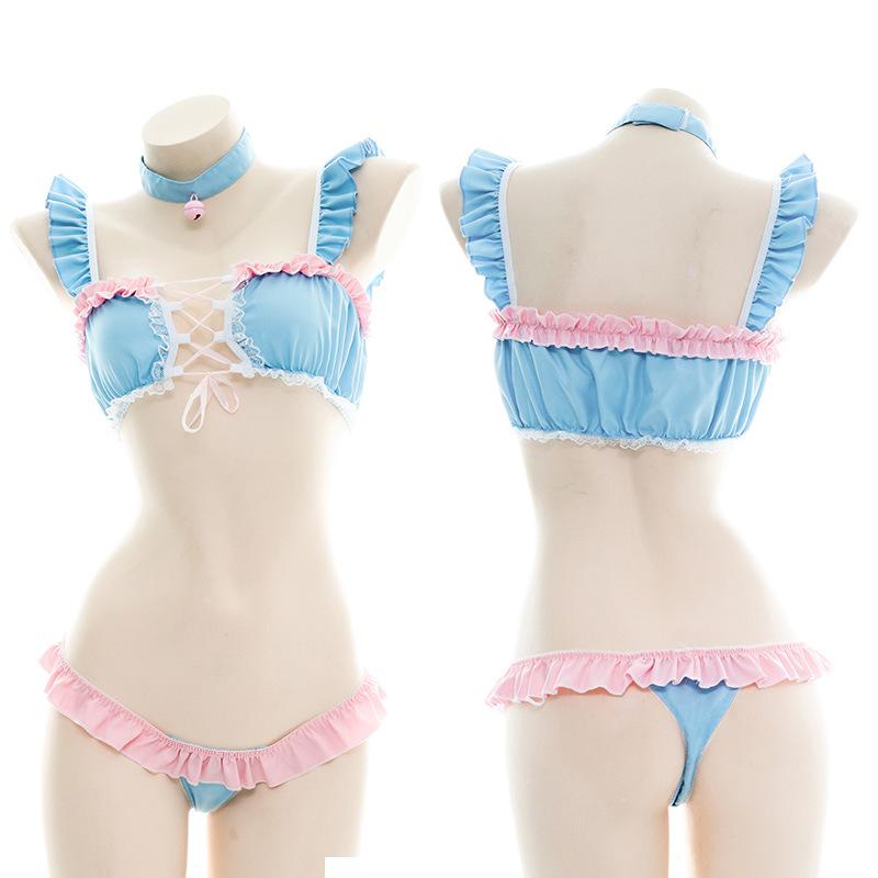 Pink and Blue Split Bikini Maid Pajama Cosplay Costume