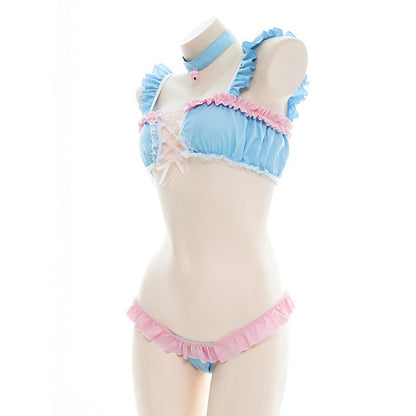 Pink and Blue Split Bikini Maid Pajama Cosplay Costume