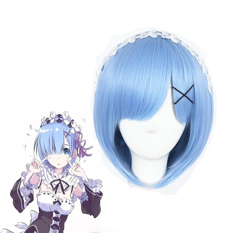 ReZERO -Starting Life in Another World Rem Anime Cosplay Wigs Synthetic Wigs Short Light Blue Bob Hair Wigs