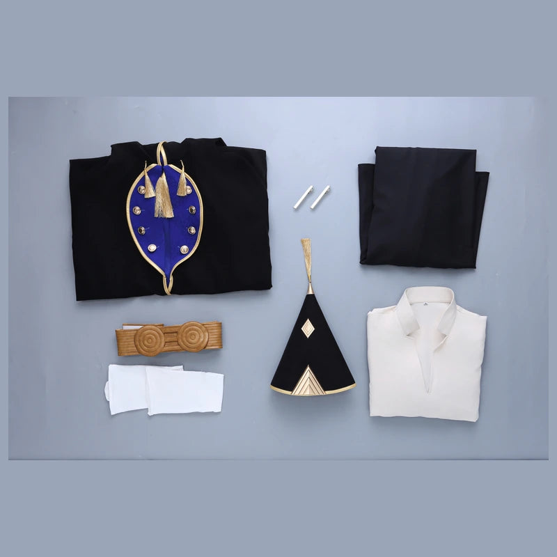 Rolecosplay Black & Gold Hooded Cosplay Costume – full costume flat lay