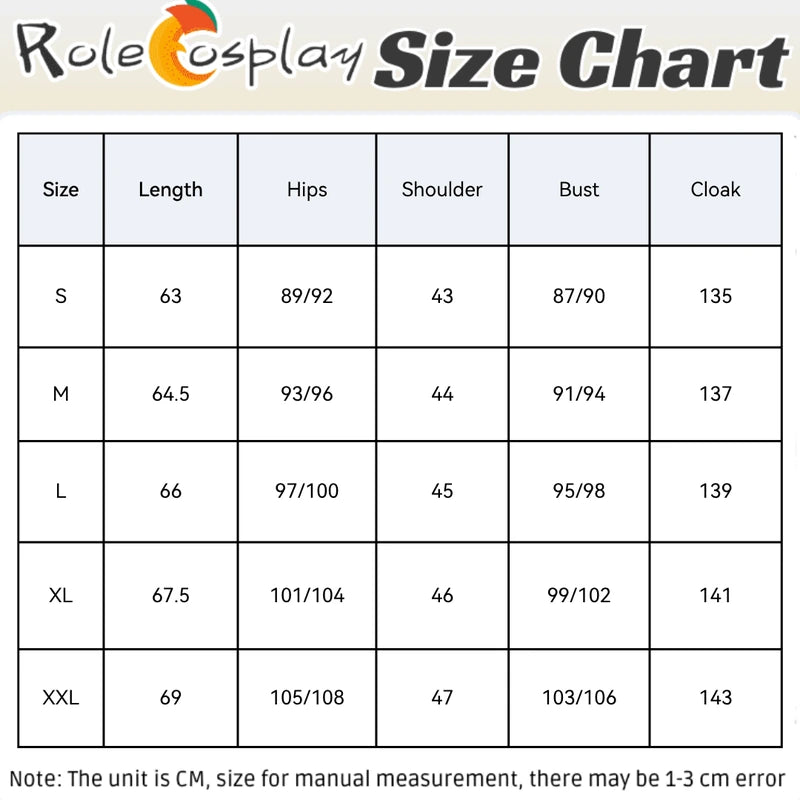 Rolecosplay Black & Gold Hooded Cosplay Costume – size chart